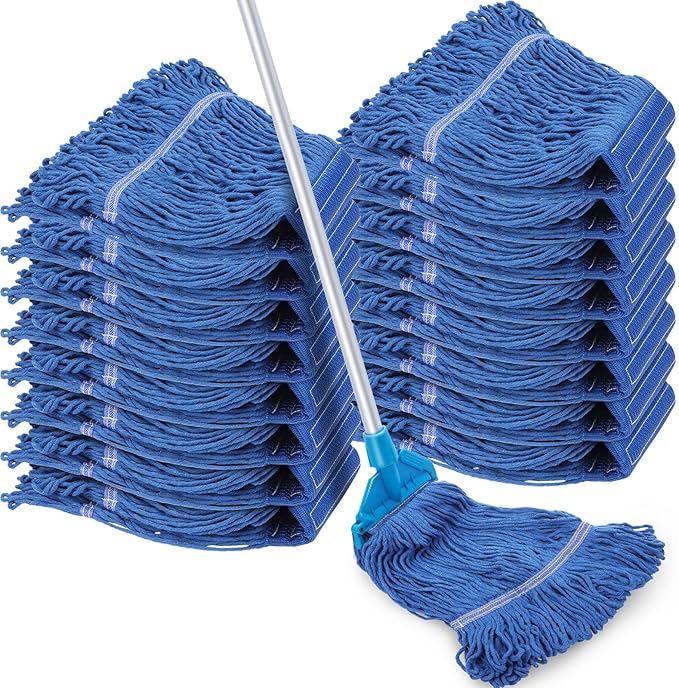 16 Pcs Commercial Mop Head Replacements 27.6 Inch Blue Looped End Heavy Duty Mop Heads Cotton String Industrial Cleaning Washable Mophead Refills for Commercial Industrial Home Cleaning
