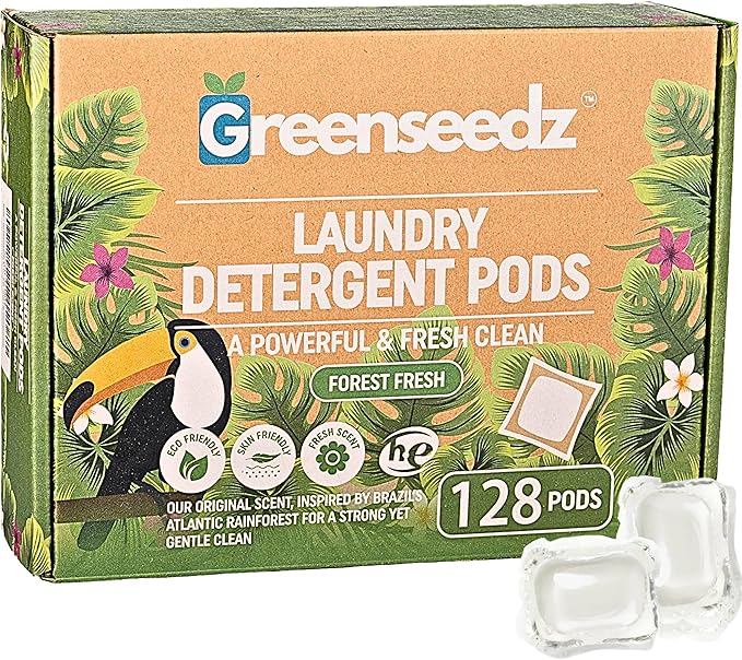 Greenseedz Eco Friendly Laundry Detergent Pods, 128 Pacs, Powerful Stain And Odor Removal, Skin Friendly, Rainforest Fresh Scent, Biodegradable and HE Compatible