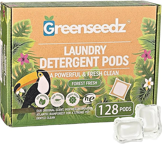 Greenseedz Eco Friendly Laundry Detergent Pods, 128 Pacs, Powerful Stain And Odor Removal, Skin Friendly, Rainforest Fresh Scent, Biodegradable and HE Compatible