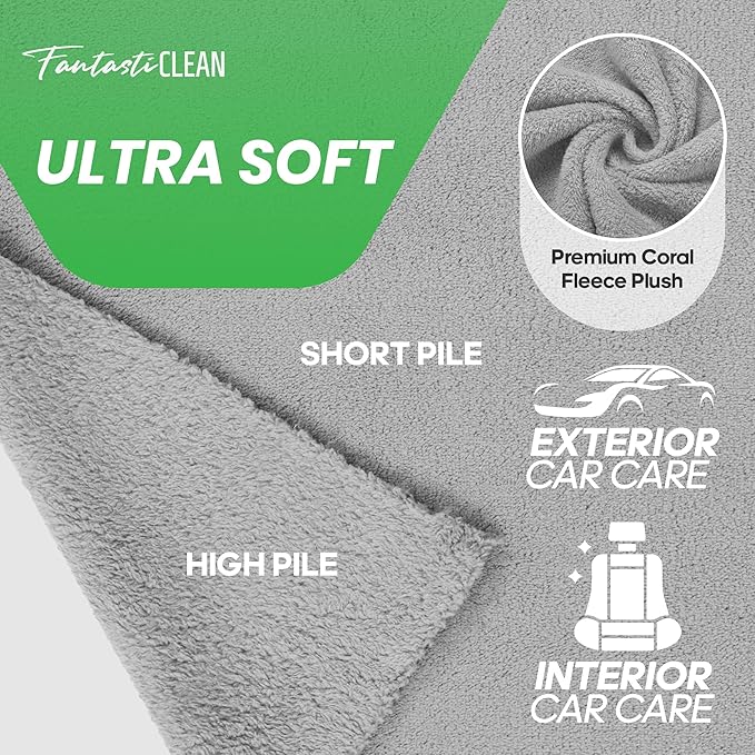 Fantasticlean Microfiber Towels for Cars, Tear Away Car Detailing Cloth Roll, RV Boat Drying Polishing, Edgeless Plush, Coral Fleece, Ultra Absorbent, Scratch-Free, 14" x 14", 20 Pack (Grey)