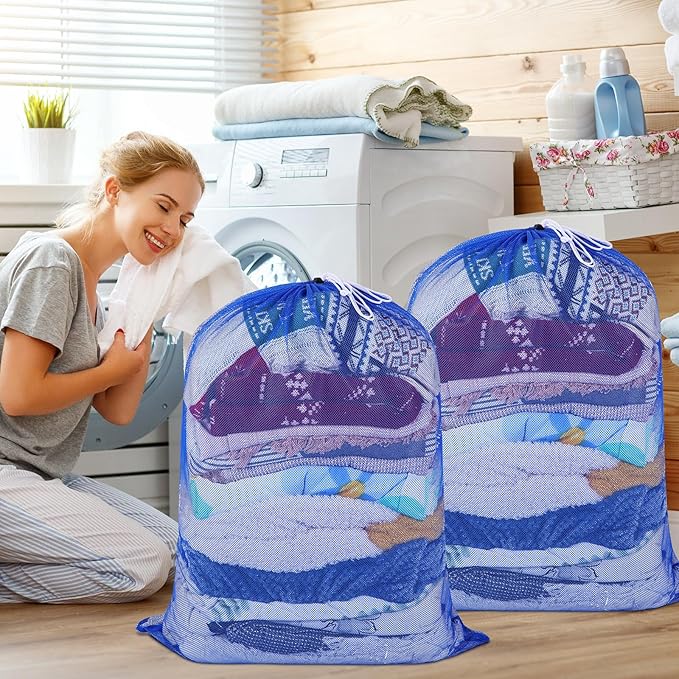 Windyun Mesh Laundry Bag, 9 Pcs 30" x 40" Heavy Duty Large Mesh Laundry Bags Drawstring Lockable Laundry Hamper Liner Machine Washable Bag for Travel Dorm Home College Storage Apartment (Blue)