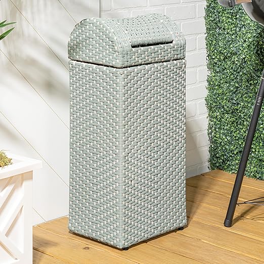 happimess HPM1201C Darla 14.27-Gallon All-Weather Wicker/Metal Swing Top Hideaway Outdoor Trash Can, Mint Blue/White, Classic, Coastal, Casual Wastebin for Backyard, Patio, Porch, Kitchen