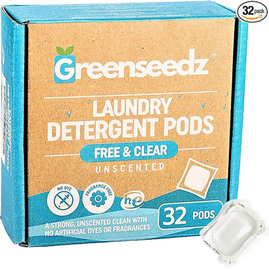 Laundry Detergent Pods Free & Clear, Unscented, 32 Count, Eco Friendly, Biodegradable, HE Compatible, 32 Count, Powerful Stain & Odor Removal, Skin Friendly