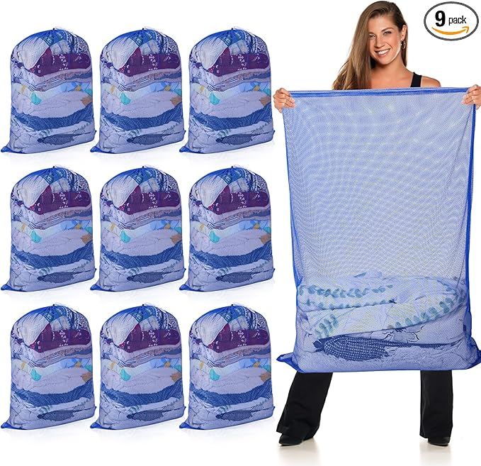 Windyun Mesh Laundry Bag, 9 Pcs 30" x 40" Heavy Duty Large Mesh Laundry Bags Drawstring Lockable Laundry Hamper Liner Machine Washable Bag for Travel Dorm Home College Storage Apartment (Blue)