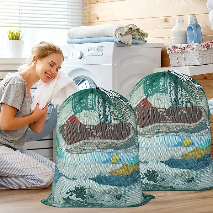 Windyun Mesh Laundry Bag, 9 Pcs 30" x 40" Heavy Duty Large Mesh Laundry Bags Drawstring Lockable Laundry Hamper Liner Machine Washable Bag for Travel Dorm Home College Storage Apartment(Green)