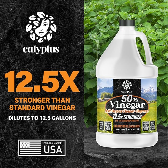 Calyptus 50% Pure Concentrated Vinegar | Maximum-Performance (12.5X) Power | Technical Grade | Dilutes Easily to 5% Acidity (1.5 Cups per Gallon) | Home and Outdoor Cleaning Concentrate | 4 Gallon