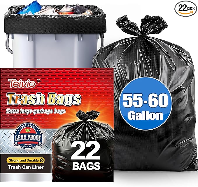 Teivio Large Black Trash Bags 55-60 Gallon 22 Counts Fit 50,55,60,Gal All Purpose Garbage Bags, Extra Large Lawn and Leaf Bags Outdoor Trash Can Liner, Drum Liners, Workshops, Backyard