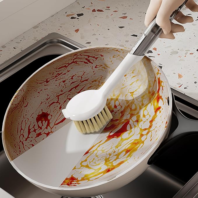 Kitchen Cleaning Brush(Natural Sisal Bristles),Pot Dish Brush Pots Comfortable Long Built-in Scraper Scrub Brush for Pans,Kitchen Sink Cleaning (Transparent