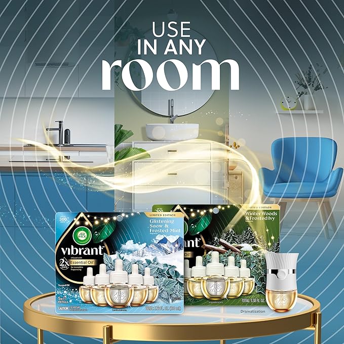 Air Wick Plug In Advanced Scented Oil,Glistening Snow + Frosted Mint,Air Fresheners for Home Long Lasting, Room Freshener, Air Freshener Plug In, House Essentials for Small Spaces + Large Spaces,5 ct