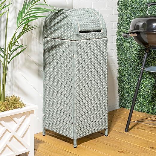 happimess HPM1202C Darla 31.39-Gallon All-Weather Wicker/Metal Swing Top Hideaway Outdoor Trash Can, Mint Blue/White, Classic, Coastal, Casual Wastebin for Backyard, Patio, Porch, Kitchen