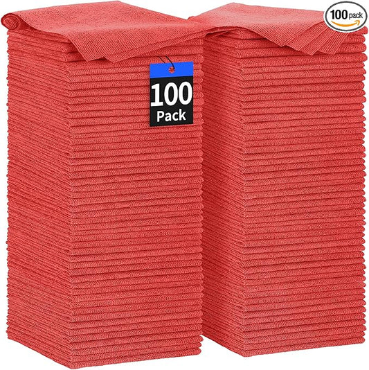 HOMERHYME Shop Towels Rags, 100 Pack Microfiber Cleaning Cloth Bulk Absorbent Detailing Rags, Lint-Free Microfiber Towels for Cars, Mechanic, Shop, Garage & Housekeeping 11.5"*11.5" Red