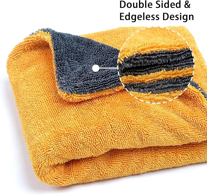Greenfound Microfiber Towel for Cars, 1000GSM Car Drying Towel, Double Twist Pile & Edgeless Design, No Streaks, Scratches, or Water Spots, Soft and Absorbent, 18"×24", Yellow&Grey