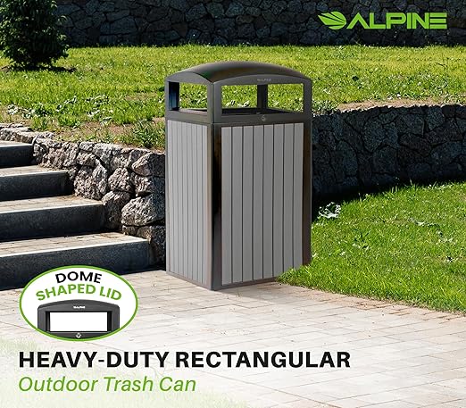 Alpine 40 Gallon Commercial Outdoor Trash Can with Lid - Modern Heavy Duty Large Outdoor Garbage Can with Durable Plastic Bin, Slatted Recycled Plastic Panels for Patio, Parks, Trails & Resorts (Grey)