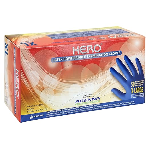 Adenna HERO Disposable Latex Gloves - 14 Mil, NFPA-Approved Heavy Duty Glove with 12" Extended Cuff & Micro-Textured Grip, Exam Grade, Powder Free, Pack of 50, X-Large, Blue