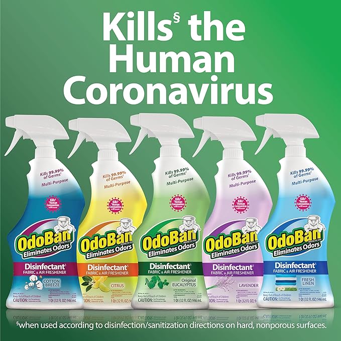 OdoBan Ready-to-Use Disinfectant and Odor Eliminator, Set of 4 Spray Bottles, 32 Ounces Each, Original Eucalyptus Scent