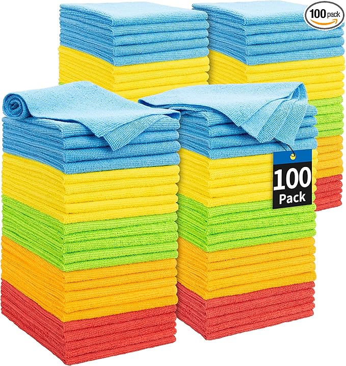 HOMERHYME Microfiber Cleaning Cloth, 100 Pack Cleaning Rags Microfiber Towel Bulk Absorbent Lint-Free Wash Cloths, All-Purpose Towels for Cars, Shop, Automotive, Garage, Home and Kitchen 11.5"*11.5"