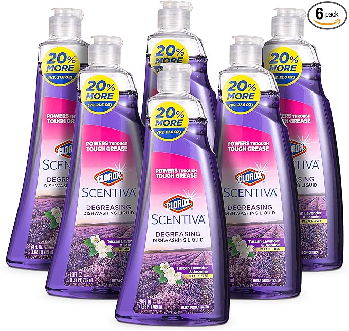 CLOROX Scentiva Dish Soap | Great Smelling Dishwashing Liquid Cuts Through Grease Fast | Quick Rinsing formula Washes Away Germs | Tuscan Lavender & Jasmine Scent, 26 oz (6 Pack)
