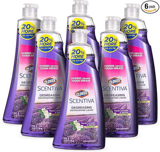 CLOROX Scentiva Dish Soap | Great Smelling Dishwashing Liquid Cuts Through Grease Fast | Quick Rinsing formula Washes Away Germs | Tuscan Lavender & Jasmine Scent, 26 oz (6 Pack)