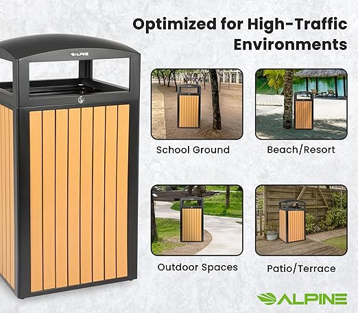 Alpine 40 Gallon Commercial Outdoor Trash Can with Lid - Modern Heavy Duty Large Outdoor Garbage Can with Durable Plastic Bin, Slatted Recycled Plastic Panels for Patio, Parks, Trails & Resorts (CD)