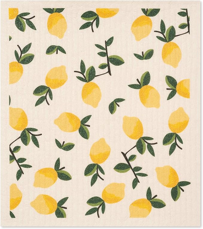 Swedish Dishcloths 3 Pack Yellow Lemons Print, Reusable Sponges Kitchen Cleaning Cloth Dish Scrubber, Machine Washable, Measures 7.87”x6.88 inches.