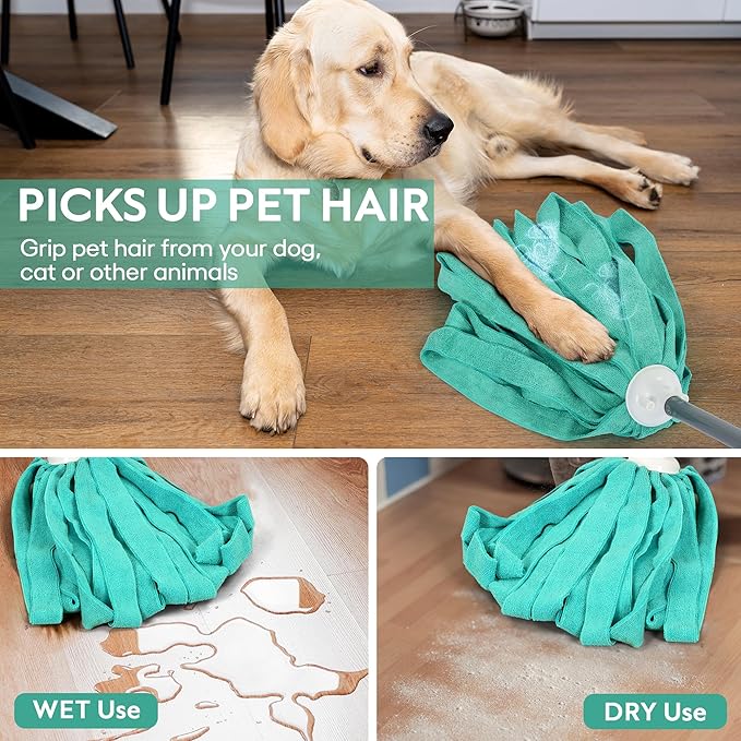 Matthew Microfiber Cloth Mop Compatible with Ceda Microfiber Cloth Mop Refill Commercial Replacement 54" Stainless Steel Handle with 2 Wet Mop Heads w/1 Handle Incl.2Pcs Microfiber Towels-Green