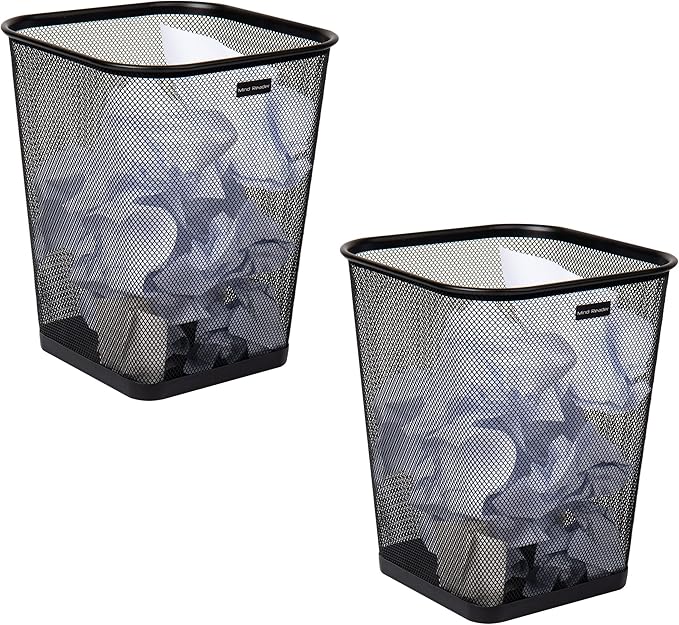 Mind Reader Mesh Trash Can, Waste Paper Basket, Square, Office, Metal Mesh, 9.75"L x 9.75"W x 12.25"H, Set of 2, Black
