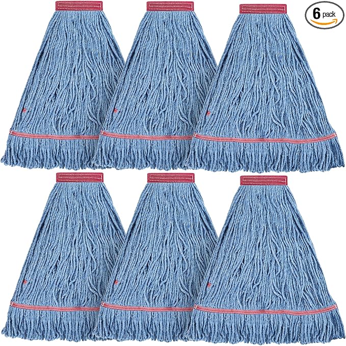 Matthew Cleaning 24oz Heavy Duty Mop Head Commercial Replacement for General and Floor Cleaning, Wet Industrial Blue Cotton Looped End String Head Refill (Pack of 6) Blue