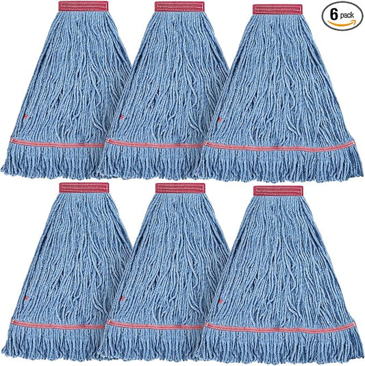 Matthew Cleaning 20oz Heavy Duty Mop Head Commercial Replacement for General and Floor Cleaning, Wet Industrial Blue Cotton Looped End String Head Refill (Pack of 6) Blue