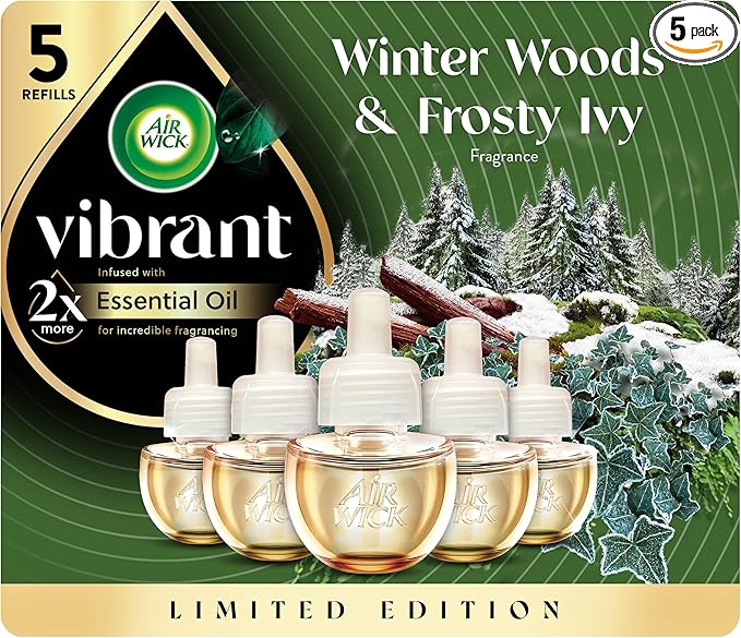 Air Wick Plug In Advanced Scented Oil,Winter Woods + Frosted Ivy,Air Fresheners for Home Long Lasting,Home Room Fresheners,Air Freshener Plug In, House Essentials for Small Spaces + Large Spaces,5 ct