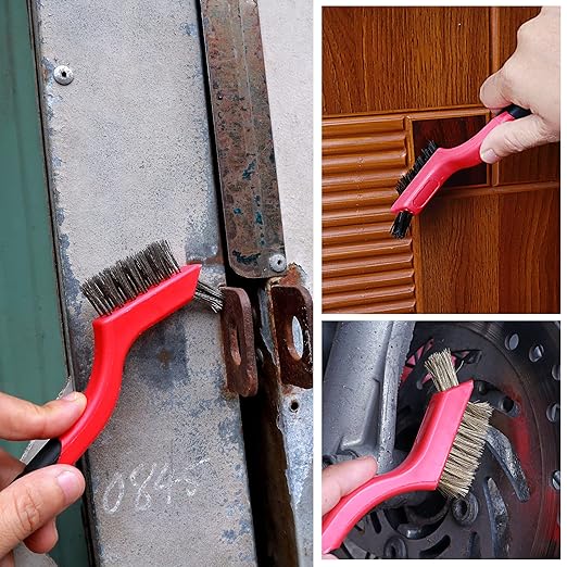 TAKAVU Small Wire Brush Set, 3 Different Types Brush, Brass - Stainless Steel - Nylon Wire Brushes for Cleaning with Curved Handle Grip for Rust Removal, Dirt, Paint Scrubbing