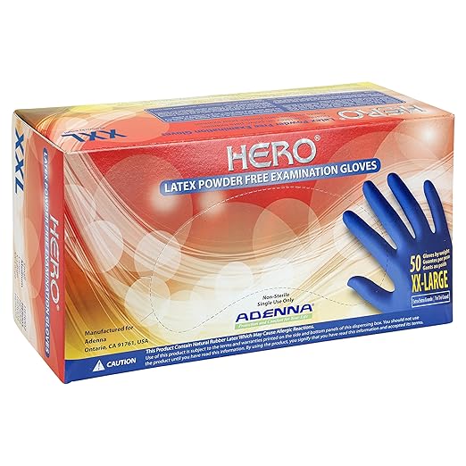 Adenna HERO Disposable Latex Gloves - 14 Mil, NFPA-Approved Heavy Duty Glove with 12" Extended Cuff & Micro-Textured Grip, Exam Grade, Powder Free, Pack of 50, 2X-Large, Blue