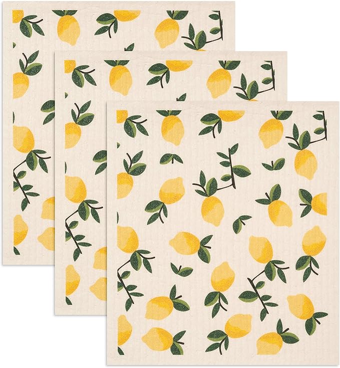 Swedish Dishcloths 3 Pack Yellow Lemons Print, Reusable Sponges Kitchen Cleaning Cloth Dish Scrubber, Machine Washable, Measures 7.87”x6.88 inches.