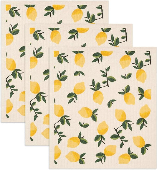 Swedish Dishcloths 3 Pack Yellow Lemons Print, Reusable Sponges Kitchen Cleaning Cloth Dish Scrubber, Machine Washable, Measures 7.87”x6.88 inches.