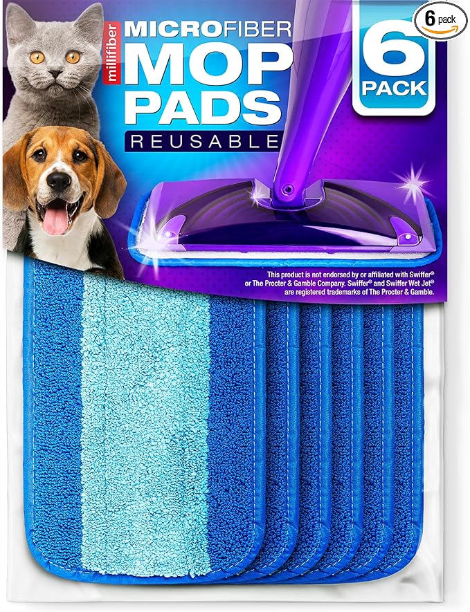 Reusable Mop Pads Compatible with Swiffer WetJet (6 Pack) - Microfiber Mop Refill for Wet Mopping Cloths - Hardwood Floor Cleaning Spray Pads are Reusable Replacements