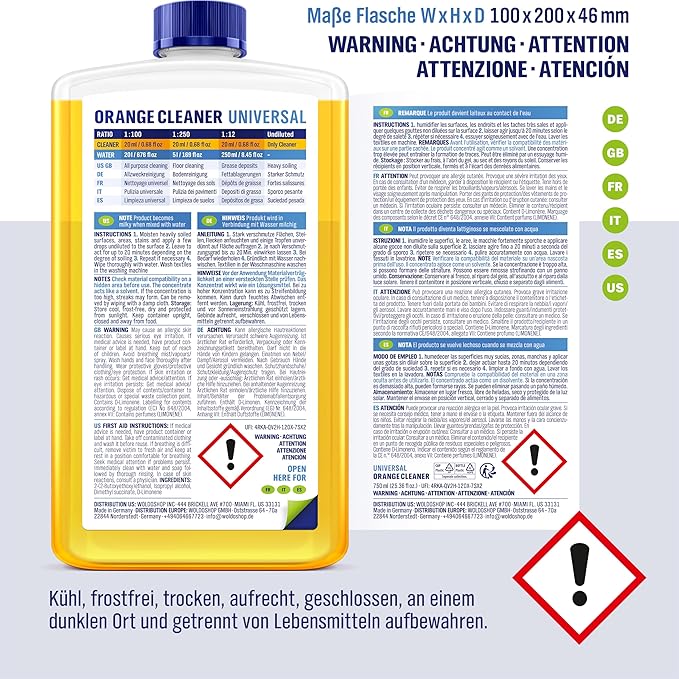 WoldoClean Orange Oil Cleaner Concentrated 25.36 fl oz (1 : 1000) - makes up to 200 Gallons Multi-Use Adhesive & Grease Remover, Custom-Dilution Citrus Degreaser for Floors, Kitchen & Bath
