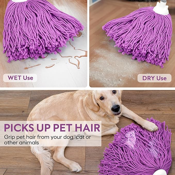 Matthew Microfiber Mop Replacement Compatible with Microfiber Cloth Mop Refill,Stainless Steel Spin Mop Replacement 54" Handle with Wet Mop for Floor Cleaning (2 Heads w/1 Handle)-Purplee