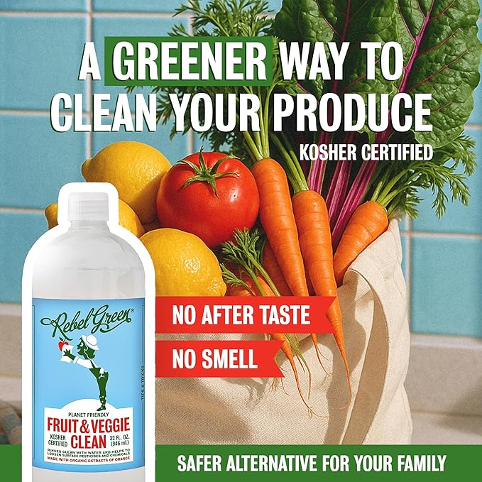 Rebel Green Fruit & Veggie Clean — Plant-Based Produce Cleaner—Natural Fruit and Vegetable Wash with No Aftertaste — Chemical & Wax Removal — Made with Organic Extracts of Citrus — Half Gallon