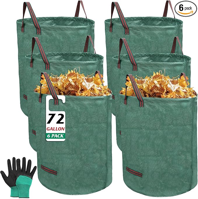 6 Pack 72 Gallons Reusable Garden Waste Bags with Coated Gloves, Heavy Duty Leaf Bags 4 Handles Lawn Yard Bags for Loading Leaf,Trash,Yard Waste Bags (H30" X D26")