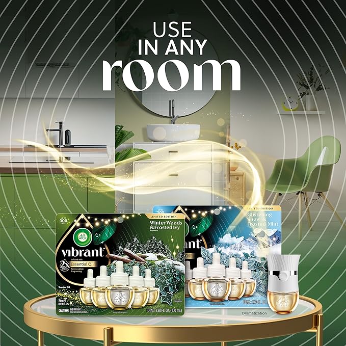 Air Wick Plug In Advanced Scented Oil,Winter Woods + Frosted Ivy,Air Fresheners for Home Long Lasting,Home Room Fresheners,Air Freshener Plug In, House Essentials for Small Spaces + Large Spaces,5 ct