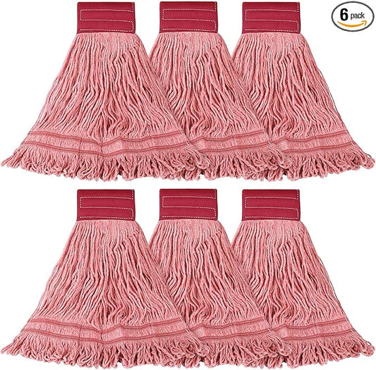 ONESIMUS 30 oz Pack of 6 Cleaning Heavy Duty Industrial Commercial Grade Looped-End Mop Head Replacement,6'' Headband Cotton String Wet Mop Head Refills,Machine Washable Red Mop