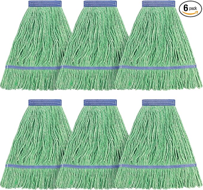 Matthew Cleaning Heavy Duty Mop Head Commercial Replacement for General and Floor Cleaning, Wet Industrial Blue Cotton Looped End String Head Refill (Pack of 6) Green