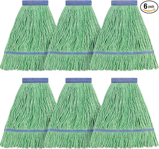 Matthew Cleaning Heavy Duty Mop Head Commercial Replacement for General and Floor Cleaning, Wet Industrial Blue Cotton Looped End String Head Refill (Pack of 6) Green