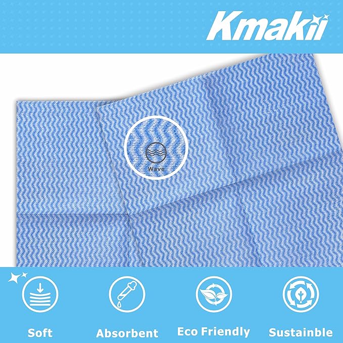 KMAKII Reusable Heavy Duty Cleaning Cloths – Multi-Purpose Dish Towels & Wipes for Kitchen & Home, Super Absorbent, 12 x 12 in (30 x 30 cm), Blue, 50 Pack