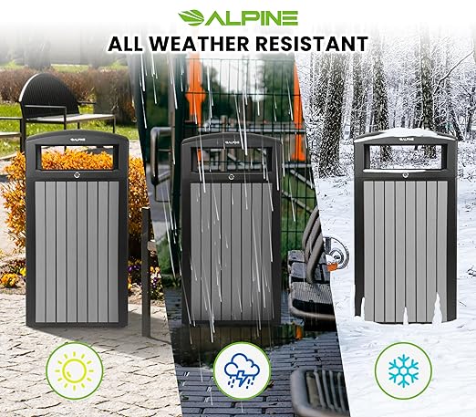 Alpine 40 Gallon Commercial Outdoor Trash Can with Lid - Modern Heavy Duty Large Outdoor Garbage Can with Durable Plastic Bin, Slatted Recycled Plastic Panels for Patio, Parks, Trails & Resorts (Grey)