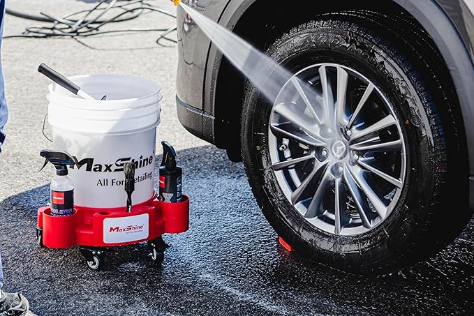 Maxshine Bucket Dolly | Fits 3–5 Gallon Detailing Buckets | Heavy-Duty Mobile Car Wash Dolly with 360° Swivel Wheels, Bottle & Brush Holders, Locking Screws, Auto Detailing Organizer