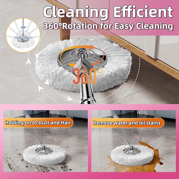 Spin Mop and Bucket with Wringer Set for Home,360° Mop and Bucket with Separate Clean and Dirty Water,Wet Dust Mop for Floor Cleaning with Extra Refills (Pink)