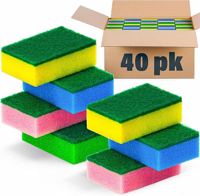 DecorRack 40 Count Non-Scratch Cleaning Scrub Sponges, Dual-Sided Heavy Duty Kitchen Sponges for Dishes, Cleaning Household, Bathroom, Car Wash - Multicolor (Pack of 40)