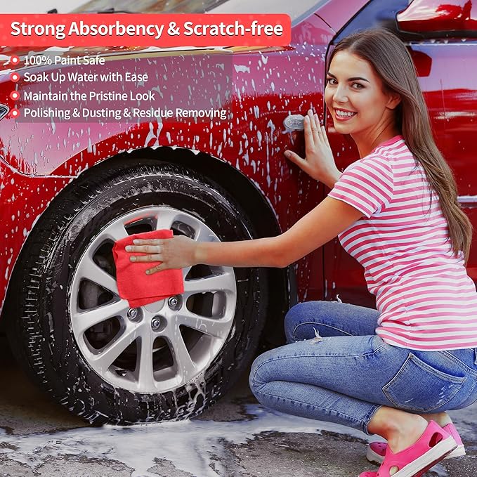 HOMERHYME Shop Towels Rags, 100 Pack Microfiber Cleaning Cloth Bulk Absorbent Detailing Rags, Lint-Free Microfiber Towels for Cars, Mechanic, Shop, Garage & Housekeeping 11.5"*11.5" Red