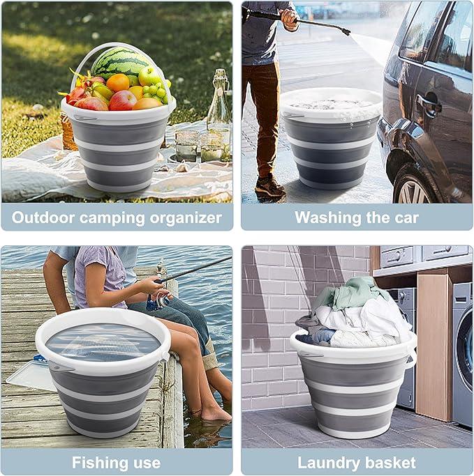 2-Pack Collapsible Bucket 2.6 Gal/10L, BPA-Free - Space-Saving, Portable Foldable Water Pail for Versatile Use, Home, Outdoors, Car Wash, Camping, Fishing - Dual Colors Grey & Blue