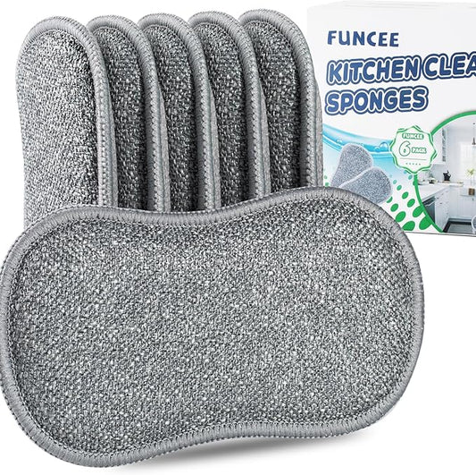 Upgrated Dual-Sided Sponges Kitchen, 6 Pack Microfiber Non Scratch Dish Scrub Sponge, All Purpose Dish Washing Scrubber for Cleaning Dishes, Kitchen, Pots, Pans, Sink & Household
